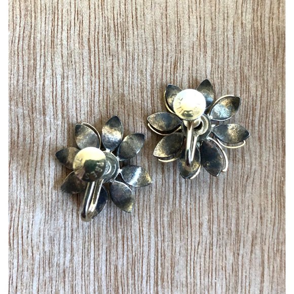 Vibrant Blue & Pink Rhinestone Vintage 1950s Prestige Signed Flower Earrings - Picture 3 of 4